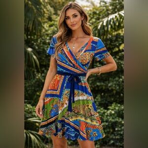 Yetts los angeles vibra abtract paisley blue red soft stretch dress size M